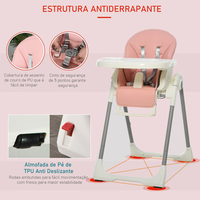 Cadeira de refeição ajustável e dobrável para bebê acima de 6 meses com bandeja dupla 55x80x104 cm Rosa