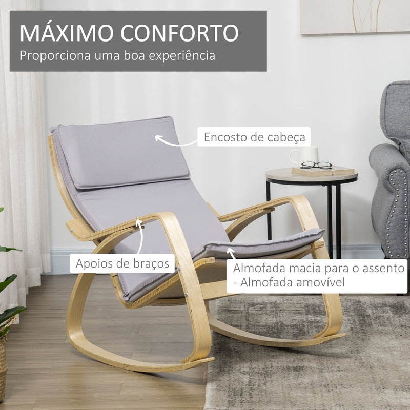 Poltrona Baloiço Estofada em Tecido Poltrona Relax com Almofada Amovível Apoio para os Braços e Pés de Madeira de Bétula para Sala de Estar Dormitório 67x97x84cm Cinza