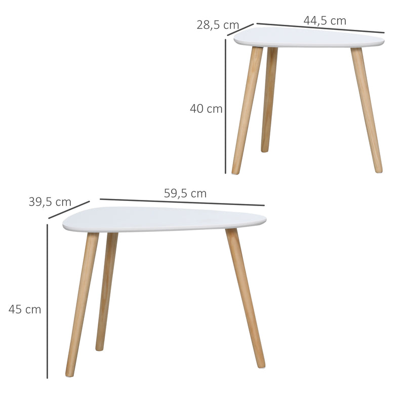 Conjunto de 2 Mesas Auxiliares com Pés de Madeira Mesas de Café para Sala de Estar Dormitório Escritório 59,5x39,5x45cm e 44,5x28,5x40cm Branco