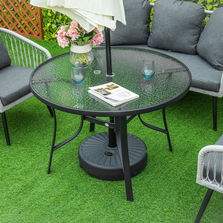 Mesa de Cristal de Jardim com Orifício para Chapéu de Sol Mesa Redonda de Exterior Terraço Varanda com Estrutura de Aço Ø106,5x71cm Transparente e Preto