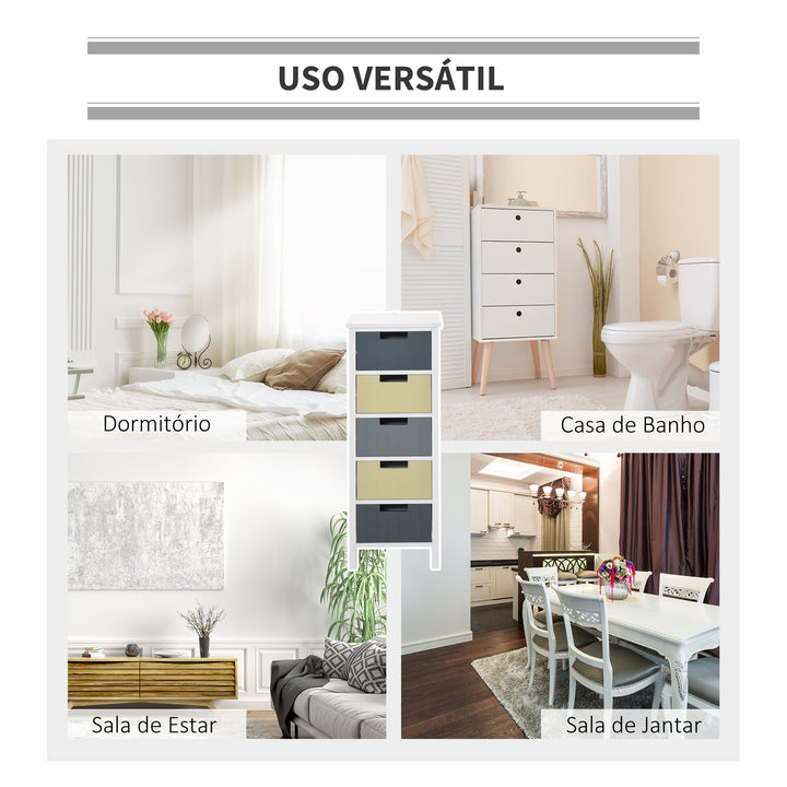 Cómoda de Madeira com 5 Gavetas Cómoda Auxiliar de Armazenamento com Pés Elevados Estilo Moderno para Dormitório Sala de Estar Casa de Banho 35x28x90,5cm Multicor