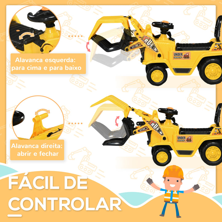 Carro Andador para Crianças acima de 3 Anos Escavadora Infantil com Pá Móvel Assento com Armazenamento Oculto e Buzina Carga Máxima 30kg 83x27x39cm Amarelo