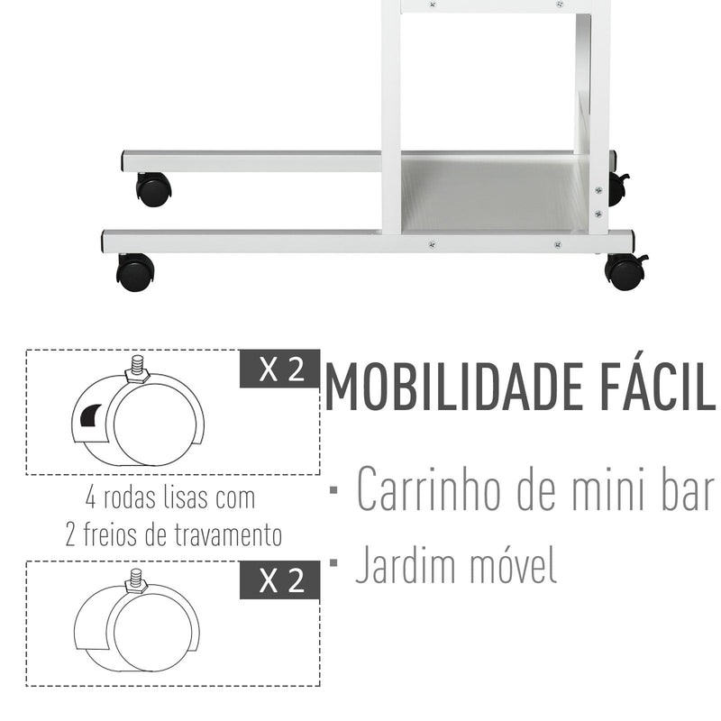 Mesa Lateral para Sofá Mesa lateral em Forma de C com 4 rodas Giratórias Freios Altura Ajustável 3 níveis Estrutura Metálica 80x40x72-82cm Branco