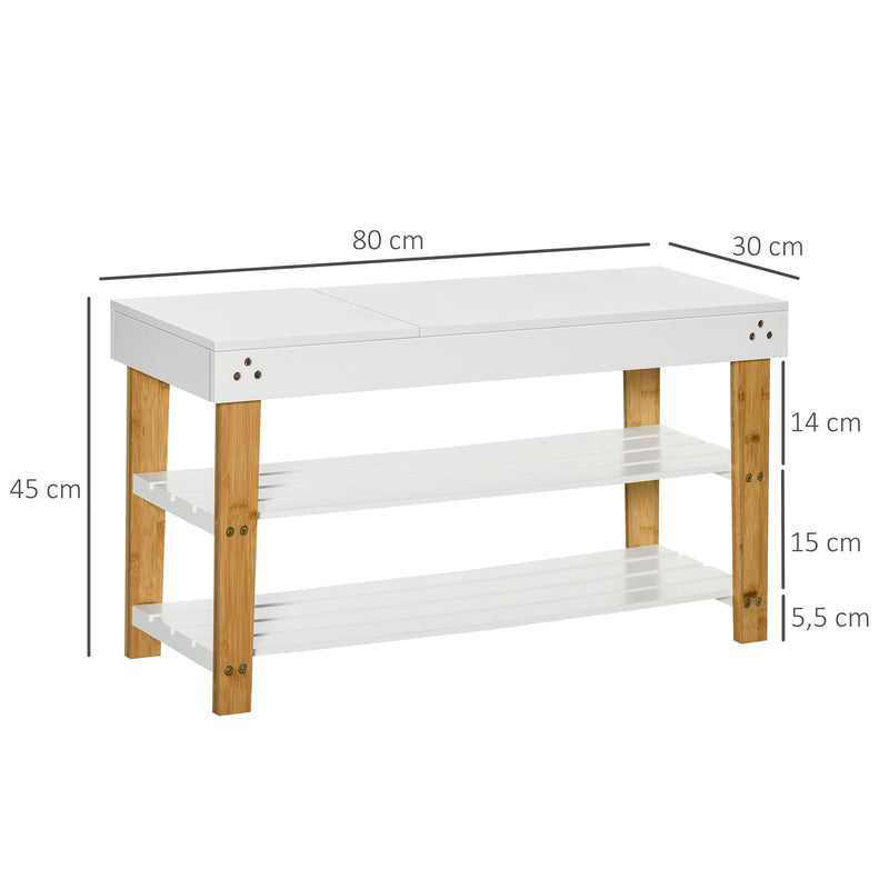 Banco Sapateiro de Bambú Banco Sapateiro com Baú de Armazenamento e 2 Prateleiras para 6 Sapatos para Entrada Corredor 60x33x50cm Madeira e Branco