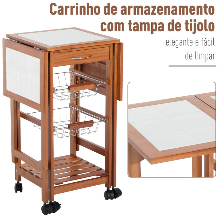Carrinho de cozinha Serviço Auxiliar de Madeira De metal cromado 6 rodas 91x37x75 cm