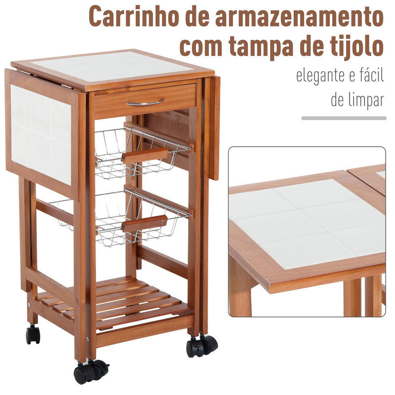 Carrinho de cozinha Serviço Auxiliar de Madeira De metal cromado 6 rodas 91x37x75 cm