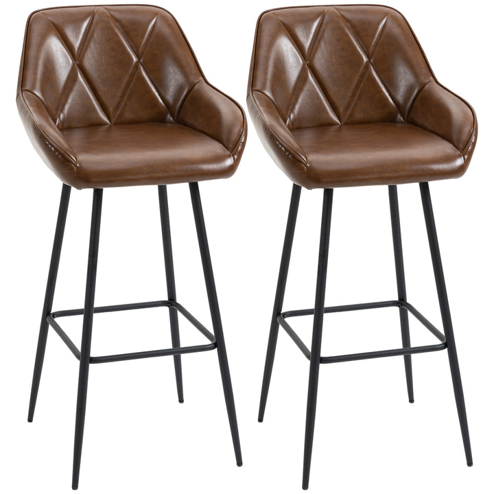 Conjunto de 2 Bancos Altos de Cozinha Bancos de Bar Estofados em PU com Encosto Alto Pés de Aço e Apoio para os Pés para Sala de Jantar Carga 120kg 50x47,5x102,5cm Marrom