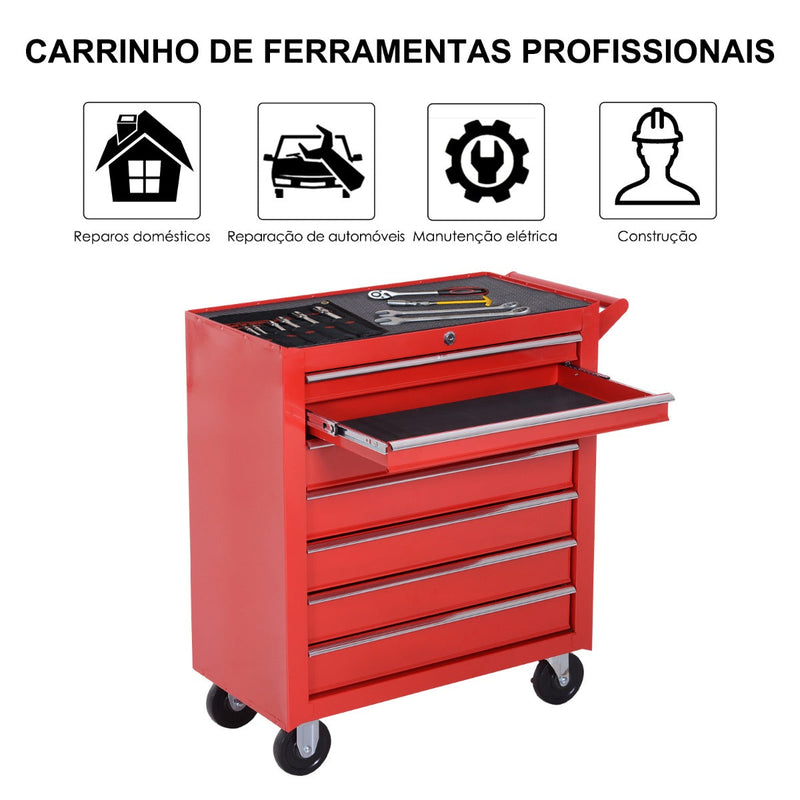 Carro de Ferramentas com Rodas para escritório Aço - Vermelho - 69x33x77,2cm