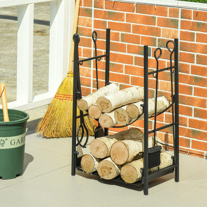 Suporte para Lenha de 2 Níveis Porta Lenha Exterior e Interior Metálico com 4 Ferramentas para Lareira Carga Máx. 70kg 44,5x29,x73 cm Preto