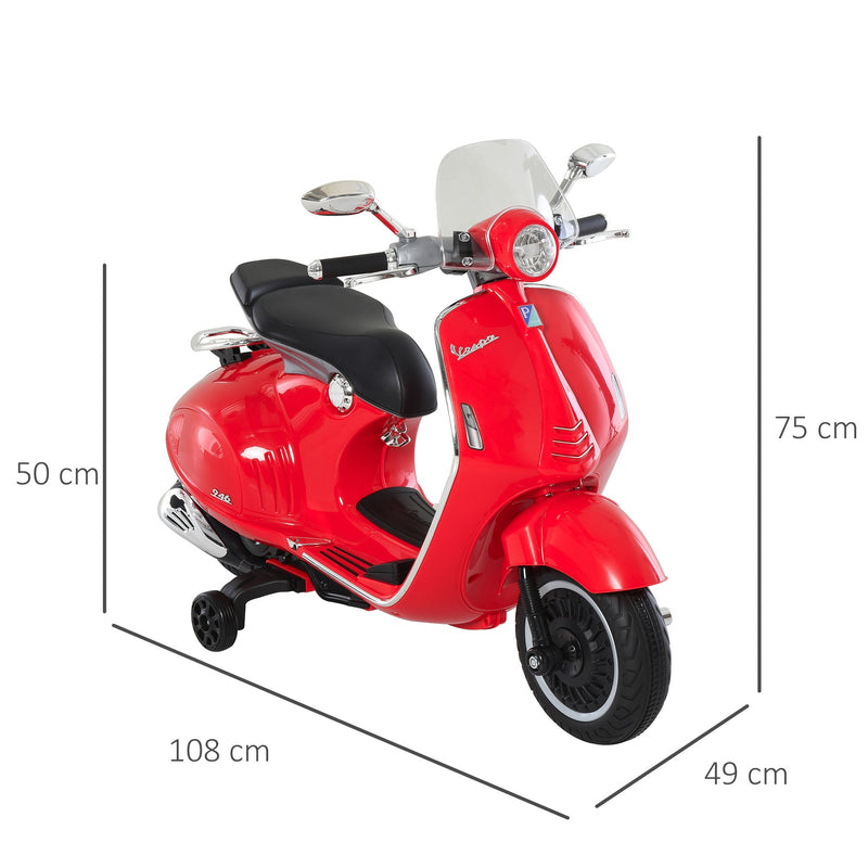 Mota elétrica Vespa para crianças acima de 3 Anos com Faróis Música 2 Rodas Auxiliares 108x49x75 cm Vermelho