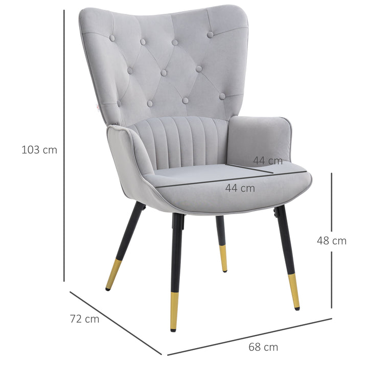 Poltrona Individual Poltrona Sala de Estar Estofada em Veludo com Encosto Alto Apoio para os Braços e Pés de Aço Estilo Moderno 68x72x103cm Cinza