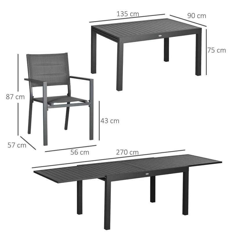 Conjunto Móveis de Jardim 9 Peças Conjunto de Refeição para Varanda com Mesa Extensível 8 Cadeiras Empilháveis Estrutura de Alumínio e Assento de Textilene 135-270x89x74cm Cinza