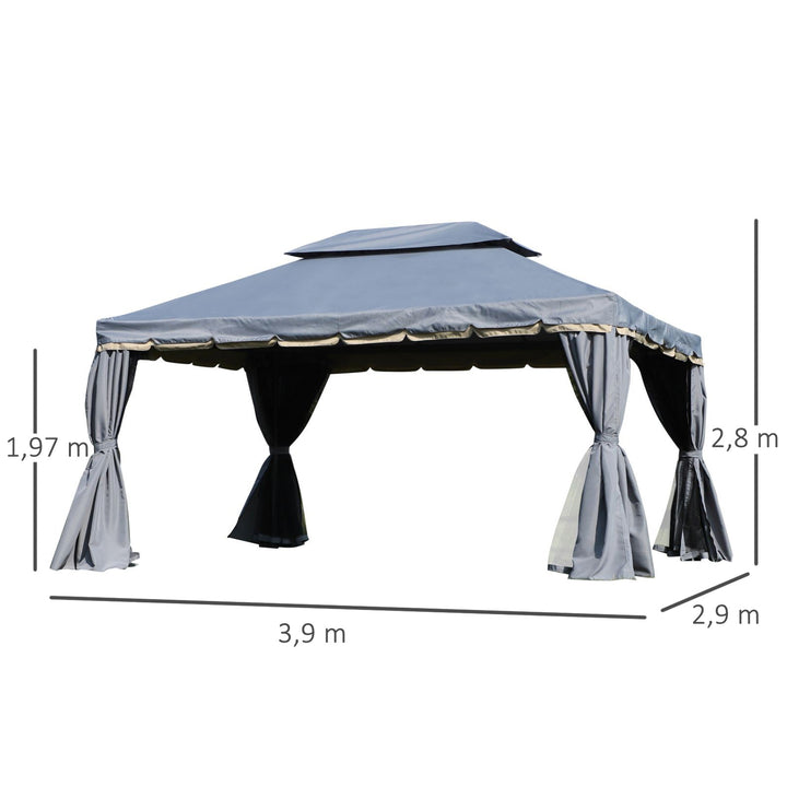 Pérgola de Jardim 4x3m Pérgola de Alumínio com Teto de Ventilação 4 Cortinas Laterais Tela Mosquiteira e 8 Orifícios de Drenagem para Exterior Pátio Festas Cinza