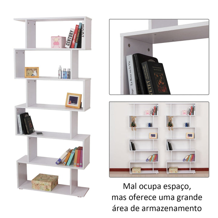 Estante Moderna em forma de S tipo Biblioteca de 6 Prateleiras- Madeira– Cor: Branco- 80 x 25 x 192 cm
