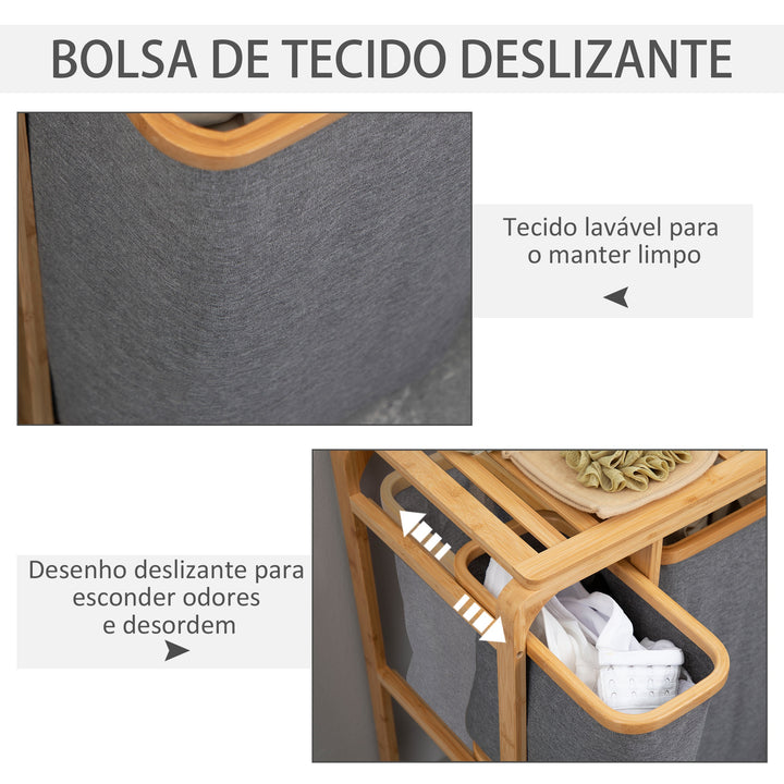 Cesto para Roupa Suja de Bambu Cesto de Roupa com 3 Bolsas de Tecido Amovíveis e Prateleira Aberta para Casa de Banho Dormitório 50x32x69,7cm Cinza e Madeira