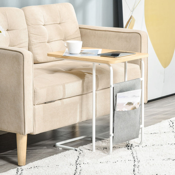 Mesa Auxiliar de Sofá em Forma de C com Bolsa de Armazenamento Removível Mesa Lateral para Sala de Estar Dormitório Escritório 37x48x55,8cm Carvalho e Branco