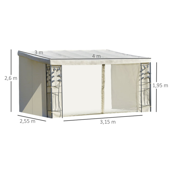 Pérgola 4x3m montado na parede com cortinas laterais Malha com zíper 4 orifícios de drenagem exterior Bege
