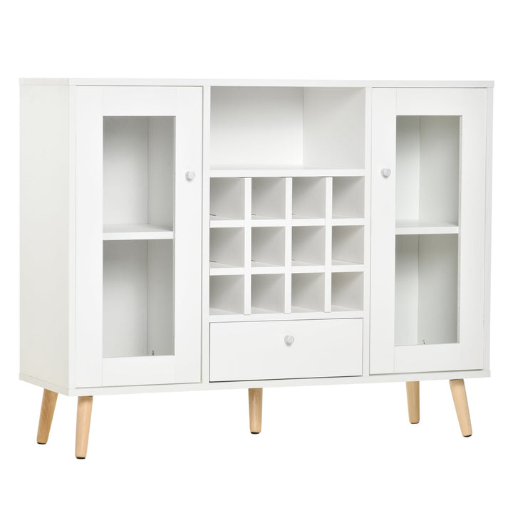 Aparador de Cozinha Armário de Armazenamento com 12 suportes para Garrafas e 3 Estantes Portas de vidro 100x30x80cm Branco