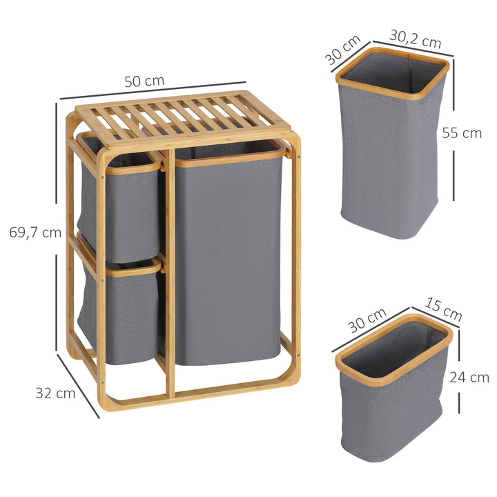 Cesto para Roupa Suja de Bambu Cesto de Roupa com 3 Bolsas de Tecido Amovíveis e Prateleira Aberta para Casa de Banho Dormitório 50x32x69,7cm Cinza e Madeira