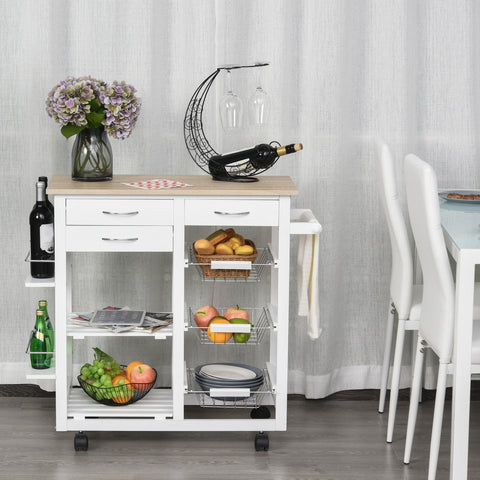 Carrinho de cozinha Carrinho de serviço multifuncional com gavetas Cestas Prateleiras de especiarias Toalheiro Rodas 92x37x82 cm Branco