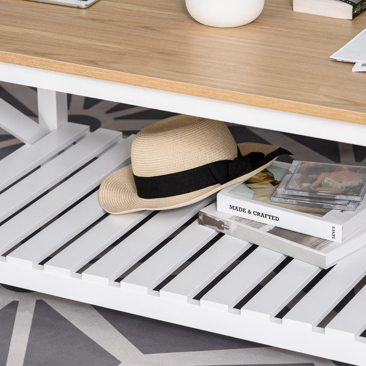 Mesa de Centro para Sala de Estar Mesa de Café com Prateleira de Armazenamento Inferior 116x60x48cm Madeira Natural e Branco