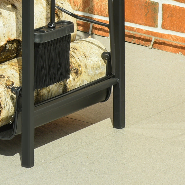 Suporte para Lenha de 2 Níveis Porta Lenha Exterior e Interior Metálico com 4 Ferramentas para Lareira Carga Máx. 70kg 44,5x29,x73 cm Preto