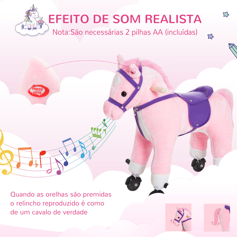 Cavalo para Crianças acima de 36 Meses Cavalo com Rodas Sons de Relincho e Pedais Carga Máxima 60 kg 55x23x60 cm Rosa