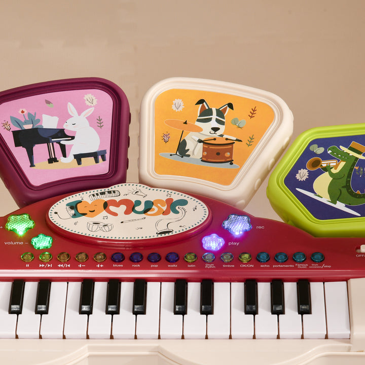 Piano Eletrónico para Crianças com 32 Teclas Piano Infantil 2 em 1 com Microfone Banco Luzes 19 Músicas Bateria e Volume Ajustável 74x32,2x71 cm Multicor