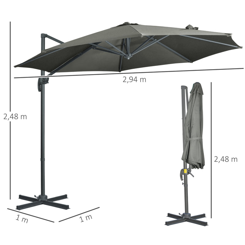 Chapéu de Sol de Jardim de Alumínio Ø294x248cm Chapéu de Sol Excêntrico com Rotação 360° Inclinação com Manivela Ventilação e Base Cruzada para Pátio Varanda Cinza Escuro