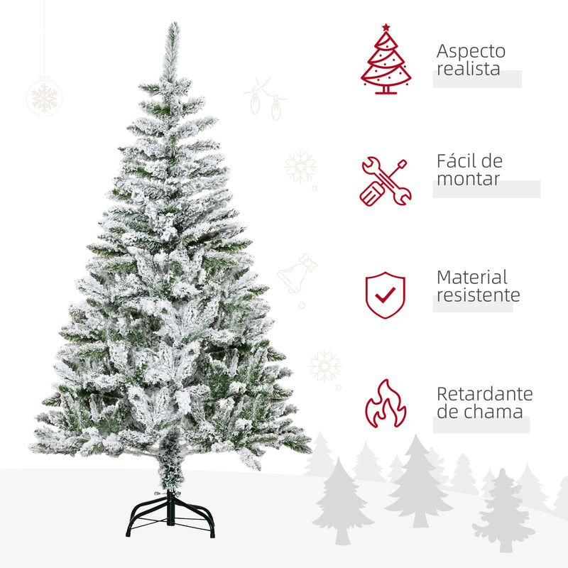 Árvore de Natal Artificial 150 cm com Neve Ignífugo com 358 Ramos Folhas de PVC Base Dobrável e Suporte Metálico Decoração de Natal para Interiores Verde