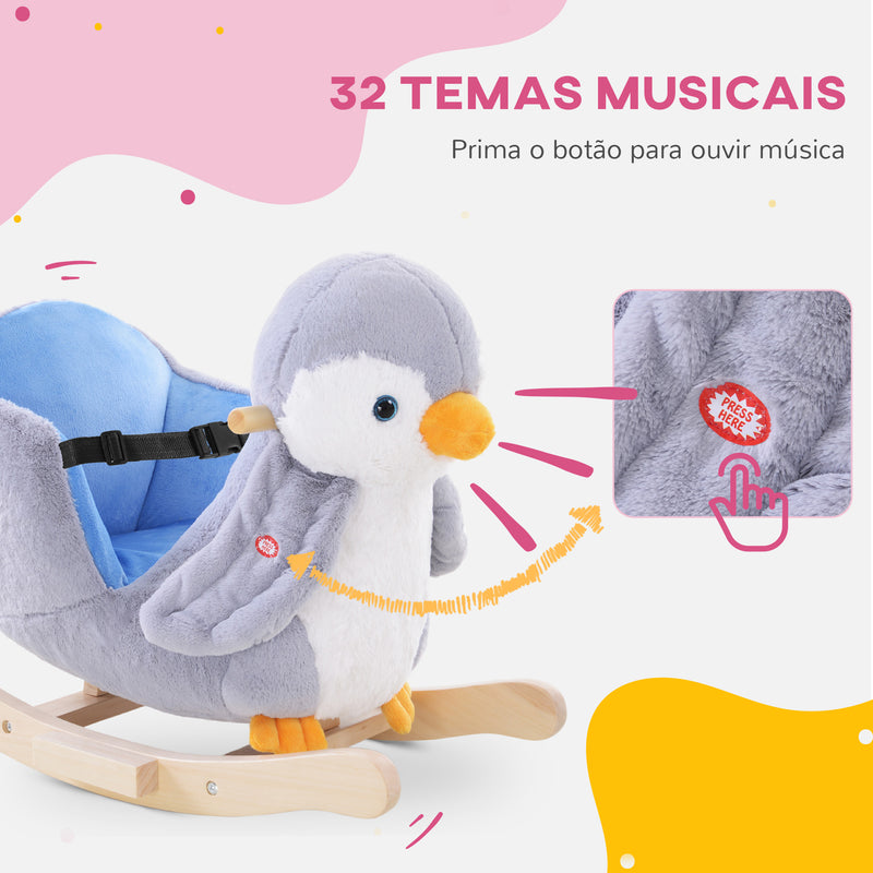 Cavalo Baloiço para Bebés acima de 18 Meses Forma de Pinguim Cavalo Baloiço de Madeira com Músicas Infantis Carga Máxima 40 kg 60x33x50 cm Cinza