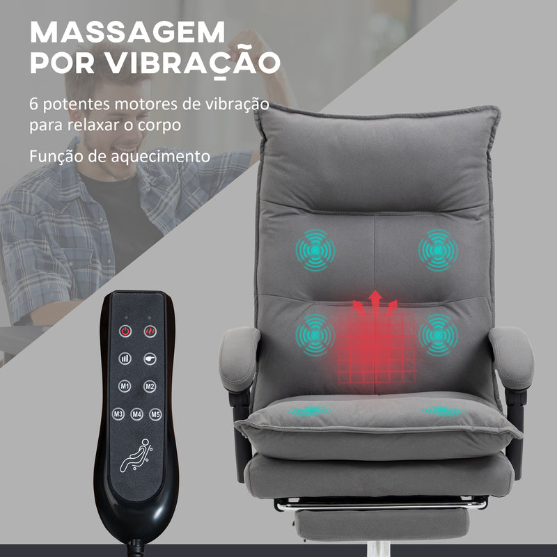 Cadeira de Escritório com 6 Pontos de Massagem e 5 Modos Cadeira de Escritório Reclinável com Função de Aquecimento Altura Ajustável e Rodas para Estúdio 66x74x114-121,5 cm Cinza