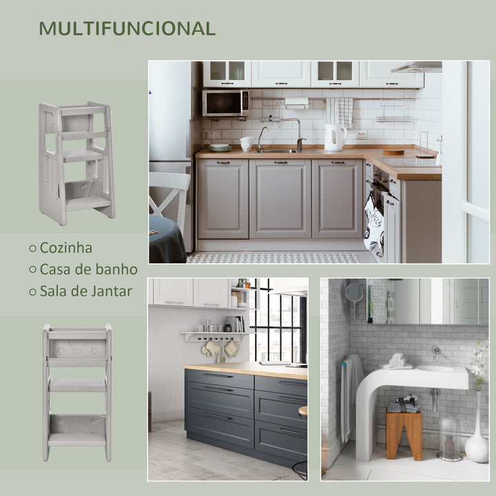 Torre de Aprendizagem para Crianças Banco Infantil com Altura Ajustável em 3 Posições e Plataforma Antiderrapante para Cozinha Sala de Jantar Casa de Banho 47x47x90cm Cinza