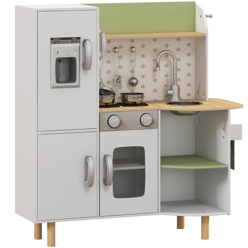 Cozinha de Madeira para Crianças de 3-6 Anos Cozinha Infantil com Máquina de Gelo Lavatório de Aço Inoxidável e Utensílios 84x34x89 cm Branco