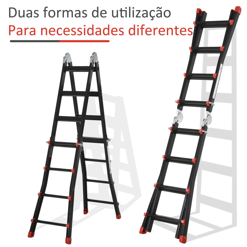 Escada Telescópica de Alumínio 4 m Escada Extensível Dobrável com 4 Degraus Ajustáveis e 2 Formas Escada Multiuso Carga 150 kg Preto e Vermelho