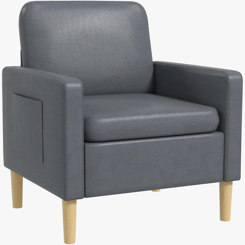 Poltrona Sala de Estar Poltrona Relax com 2 Bolsos Laterais Apoio para os Braços Assento Acolchoado Pés de Madeira Sofá Individual Moderno para Dormitório 73x79x87 cm Cinza