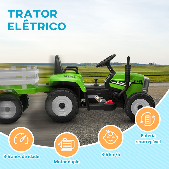 Trator Elétrico com Reboque Amovível Carro Elétrico para Crianças 3-6 Anos com Controlo Remoto Música MP3 Luzes e Cinto de Segurança 136,5x50x52,5 cm Verde