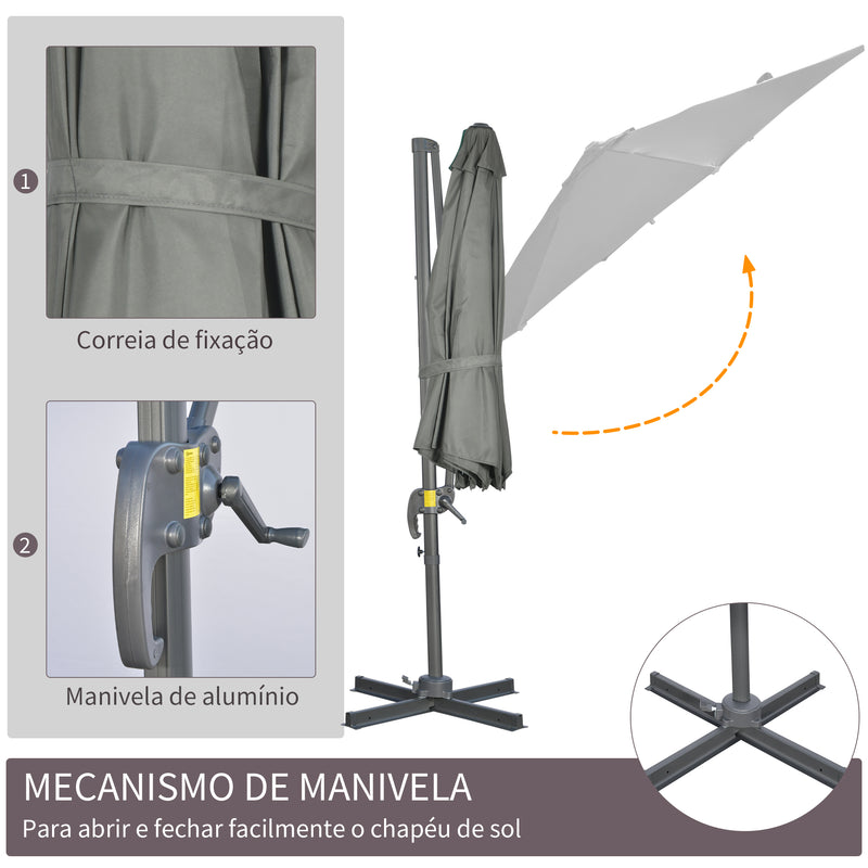 Chapéu de Sol de Jardim de Alumínio Ø294x248cm Chapéu de Sol Excêntrico com Rotação 360° Inclinação com Manivela Ventilação e Base Cruzada para Pátio Varanda Cinza Escuro