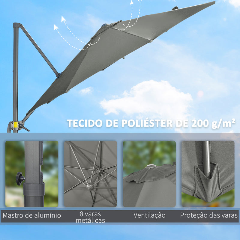 Chapéu de Sol de Jardim de Alumínio Ø294x248cm Chapéu de Sol Excêntrico com Rotação 360° Inclinação com Manivela Ventilação e Base Cruzada para Pátio Varanda Cinza Escuro