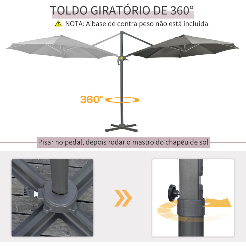 Chapéu de Sol de Jardim de Alumínio Ø294x248cm Chapéu de Sol Excêntrico com Rotação 360° Inclinação com Manivela Ventilação e Base Cruzada para Pátio Varanda Cinza Escuro