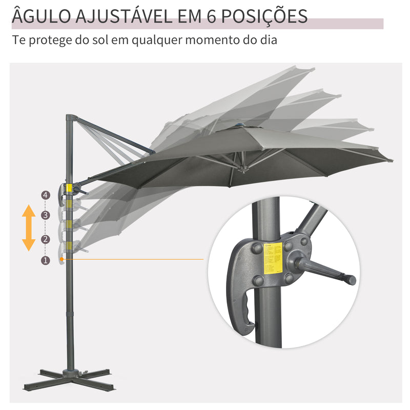 Chapéu de Sol de Jardim de Alumínio Ø294x248cm Chapéu de Sol Excêntrico com Rotação 360° Inclinação com Manivela Ventilação e Base Cruzada para Pátio Varanda Cinza Escuro