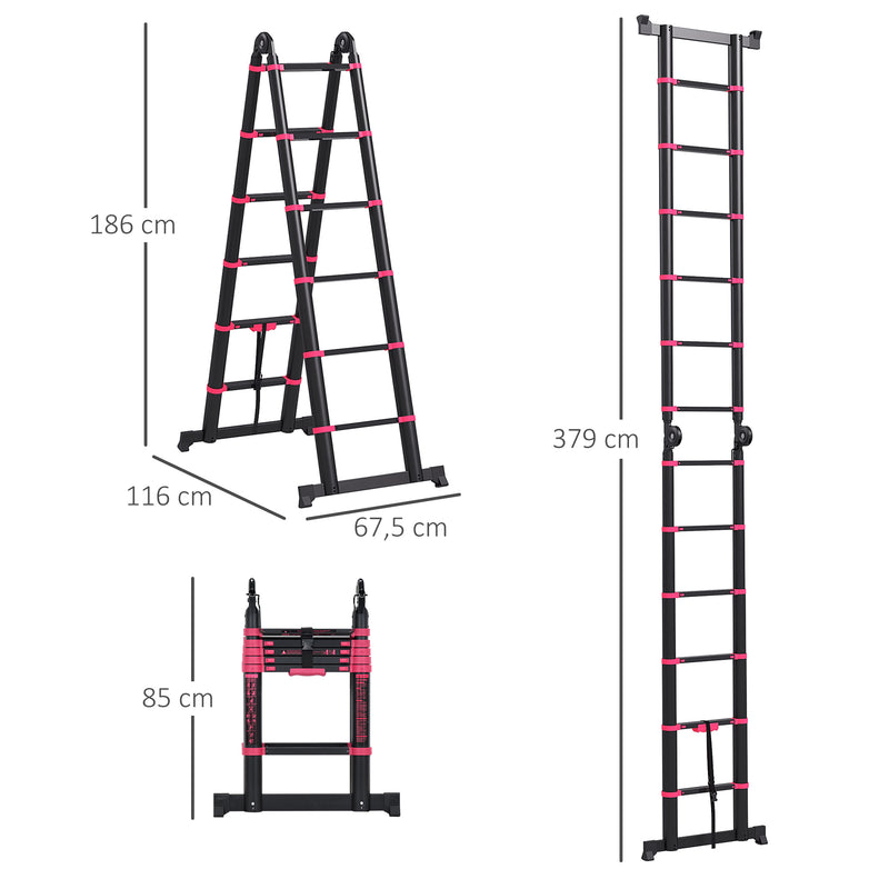 Escada de Alumínio Dobrável 2 Formas de Utilização Retrátil e Portátil Escada Telescópica com 12 Degraus Pés Antiderrapantes Carga 150 kg 67,5x11x379 cm Preto e Vermelho