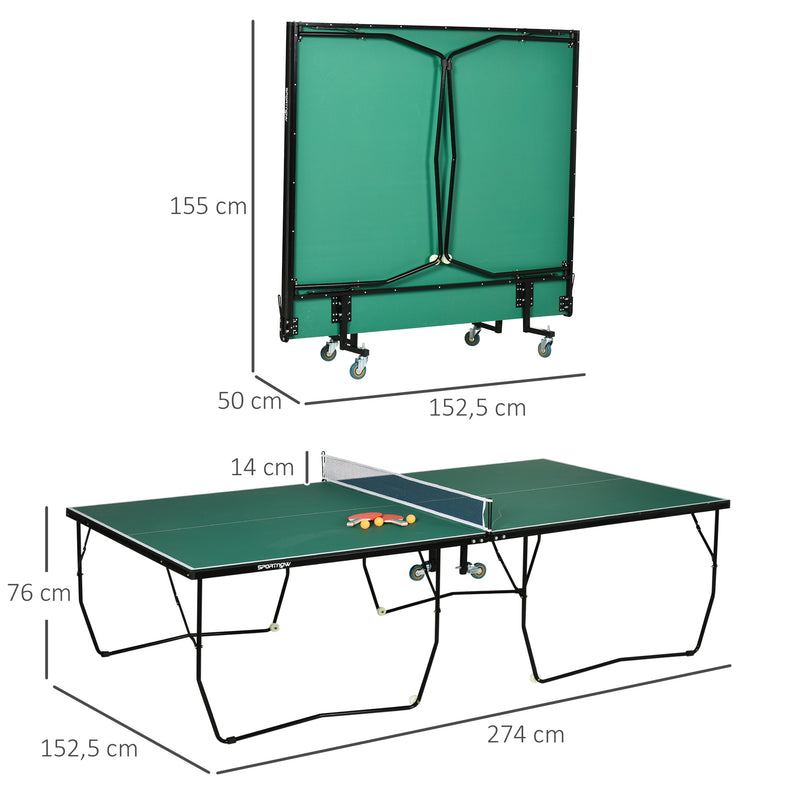 Mesa de Ping Pong Dobrável para Interiores e Exteriores Mesa de Ping Pong Profissional Tamanho Padrão com Rede Raquetes e 3 Bolas 274x152,5x76 cm Verde