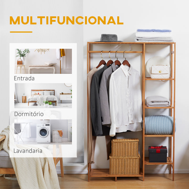 Suporte para Cabides de Bambu Cabideiro para Roupa com Prateleira de Armazenamento de 6 Níveis e Barra de Suspensão para Sala de Estar Dormitório Entrada 90x30x145 cm Madeira
