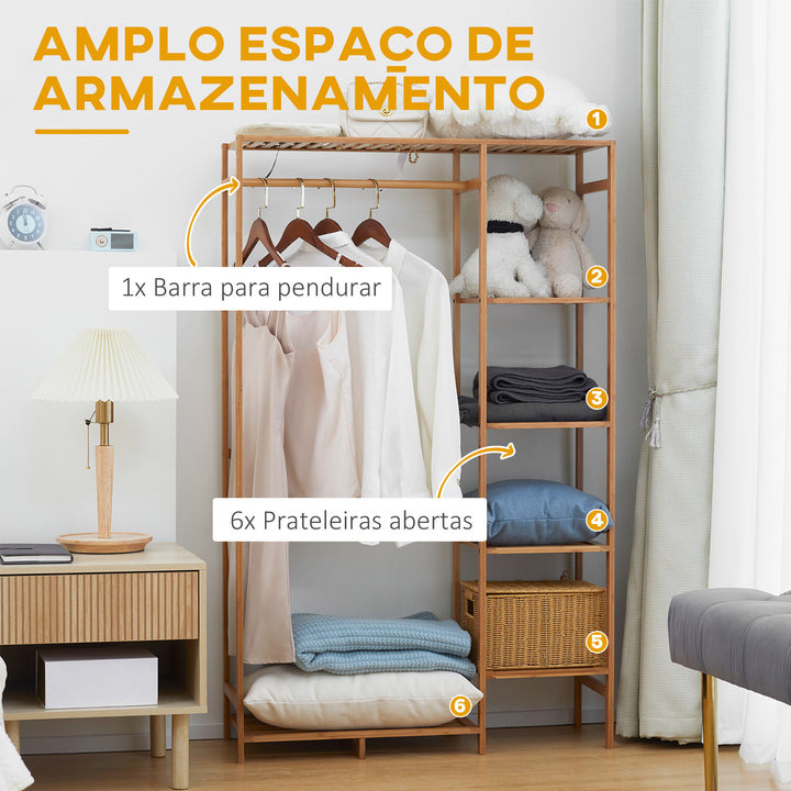 Suporte para Cabides de Bambu Cabideiro para Roupa com Prateleira de Armazenamento de 6 Níveis e Barra de Suspensão para Sala de Estar Dormitório Entrada 90x30x145 cm Madeira