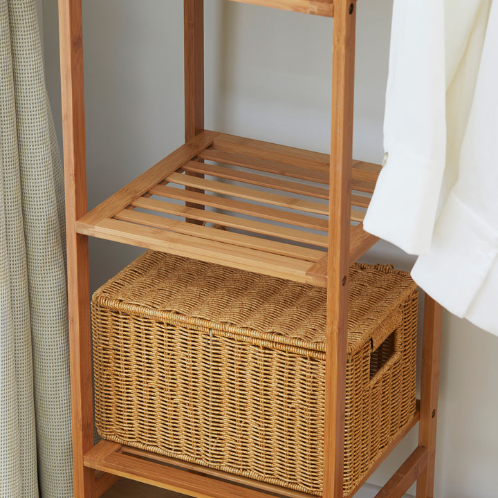 Suporte para Cabides de Bambu Cabideiro para Roupa com Prateleira de Armazenamento de 6 Níveis e Barra de Suspensão para Sala de Estar Dormitório Entrada 90x30x145 cm Madeira