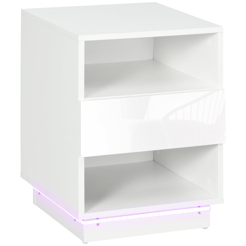 Mesa de Cabeceira Moderna com Luz LED Mesa de Cabeceira com Controlo Remoto Gaveta de Alto Brilho e 2 Prateleiras para Sala de Estar Dormitório 40x40x55 cm Branco