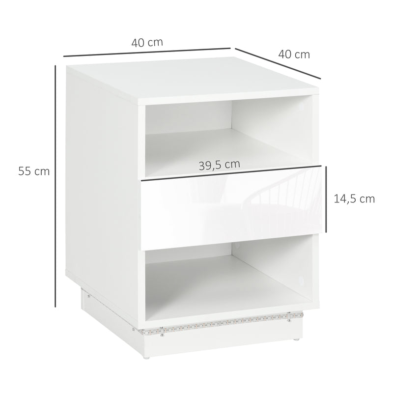 Mesa de Cabeceira Moderna com Luz LED Mesa de Cabeceira com Controlo Remoto Gaveta de Alto Brilho e 2 Prateleiras para Sala de Estar Dormitório 40x40x55 cm Branco