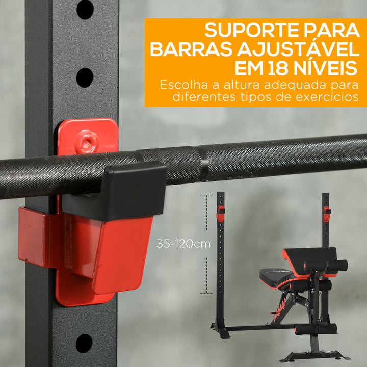 Banco de Musculação Multifuncional Banco de Pesos com Encosto Reclinável e Suporte de Barras Ajustável para Treino de Abdominal Pernas Braços e Peitoral Carga 150 kg 180x110x126 cm Preto