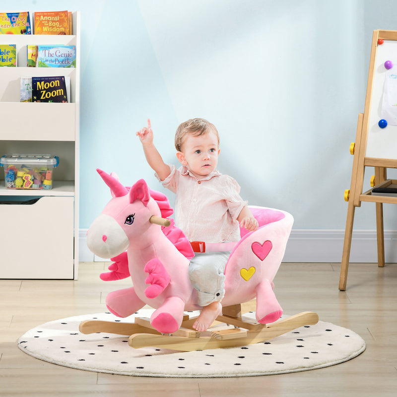 Cavalo Baloiço para Bebés 18-36 Meses Cavalo Baloiço em Forma de Unicornio com Música Cinto de Segurança Guiador e Apoio para os Pés Carga Máxima 30 kg 65x35x45 cm Rosa